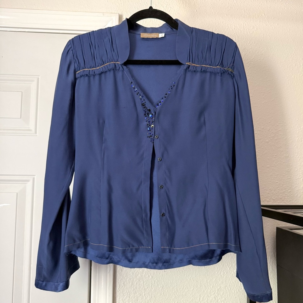 PENELOPE navy blue silk beaded sequin long‎ sleeve button up blouse shirt y2k